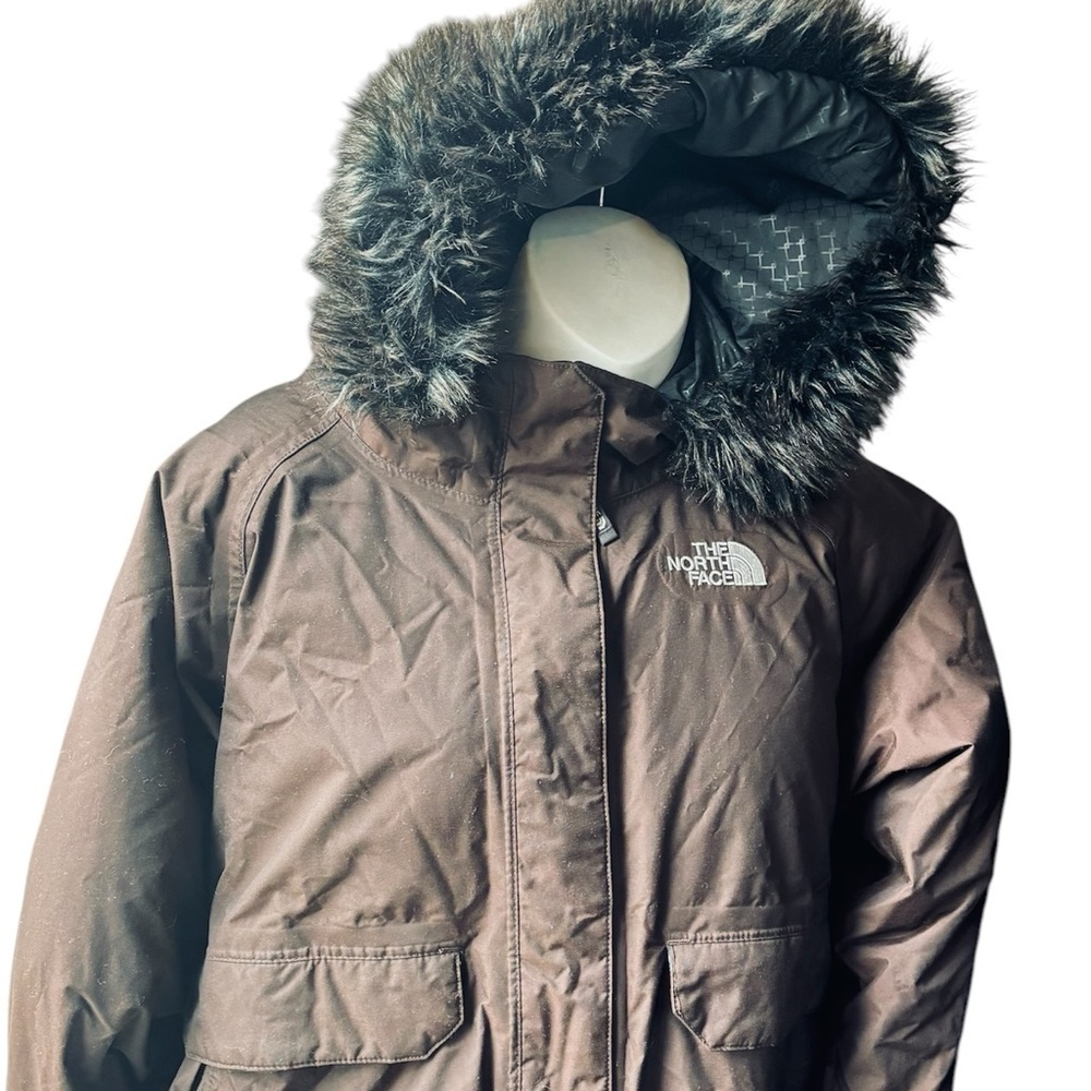 North Face short Jacket Womens Brown down fur Hood belt Greenland Hyvent
